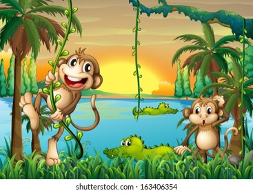 Illustration of a lake with crocodiles and monkeys playing