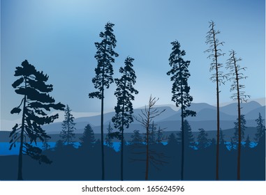 illustration with lake and forest in mountains