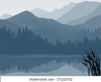 illustration with lake and forest in mountains