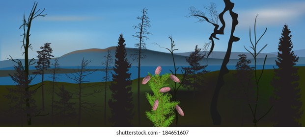 illustration with lake and forest in mountains
