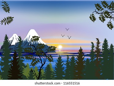 illustration with lake in forest near mountains