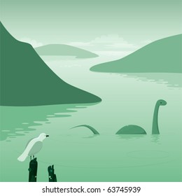 An illustration of a lake landscape with a cute lake monster and a curious seagull.