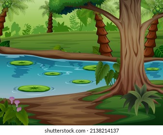 Illustration of lake landscape with lotus near a palm forest