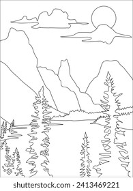 Illustration of lake and mountain landscape in black and white, suitable for children coloring book or activity sheet.