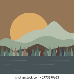 the illustration of the lake and the mountains