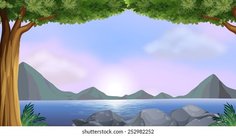 Illustration of a lake with with mountains