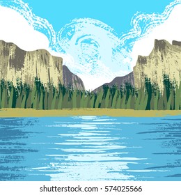 Illustration of lake and mountains. Yosemite National Park, USA