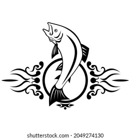 Illustration of a lake trout fish jumping up done in tribal tattoo style on isolated white background in black and white retro style.