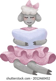 Illustration a lamb girl with a bow is sitting sleepy with a pillow in her hands in a pink dress for children at night for a good sleep