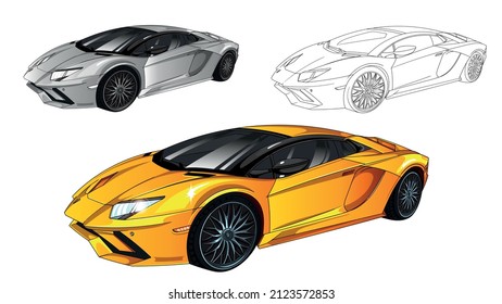 Ilustración del coche deportivo. Fácil de usar, editable y en capas. Vehículo muscular detallado vector aislado en fondo blanco, esquineo de automóviles