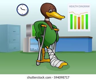 illustration of a lame duck using crutch got injury in it leg on hospital room background