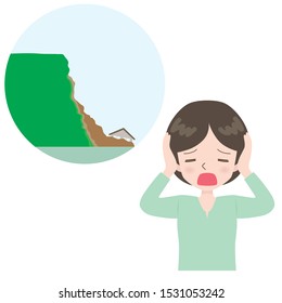 Illustration of a lamenting woman and a landslide near the house.
