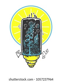 Illustration with lamp bulb with florarium, plant inside. Flat drawing doodle style. Can be used like sticker, logo, cover, your design. Mixing nature and technology.