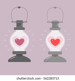 illustration of a lamp or lantern inside that glows symbol love - heart in two forms and different colors on a purple background