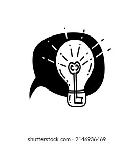 Illustration of a lamp a symbol of a good idea in black color in a doodle style