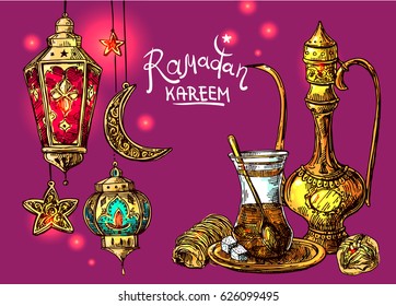 Illustration with lamps and stars. Ramadan kareem. Good for post card, Invitations.