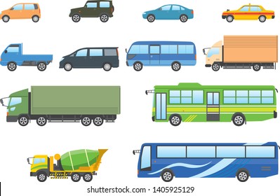 Illustration of land vehicle. Cars, Trucks, Buses, Mixer Cars, Taxis