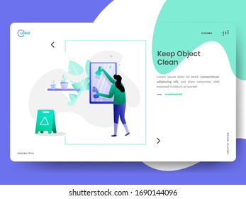 Illustration of landing Keep Object Clean, the concept of women cleaning glass using a cloth, perfect for web and mobile app development, advertisements, posters