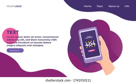 illustration landing page concept 404, not found, maintenance, web error. hands holding or holding a smartphone. flat design. can be used for elements, website, UI.