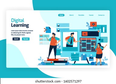 illustration of landing page for digital learning. learning by technology or instructional practice that effective for transferring knowledge, skill, value, belief, and habit. adaptive and analytics