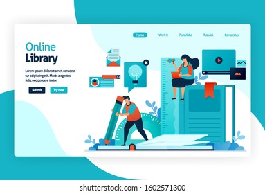 Illustration Of Landing Page For Digital Library. Repository Or Collection Of Online Database Of Text, Images, Audio, Video, Or Other Media Format. Organizing, Searching, And Retrieving Book And Print