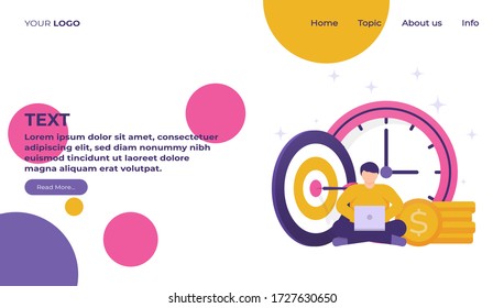 illustration landing page people sitting near coins, clocks, and arrow boards. the concept of on time and on target, time management and finance. flat design. can be used for elements, banners, UI.