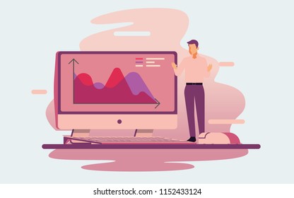 ILLUSTRATION FOR LANDING PAGE VECTOR TEMPLATE FOR BUSINESS, WITH BUSINESSMAN EXPLAINING ON THE MONITOR