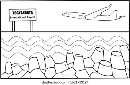 Illustration of a landing plane at the new Yogyakarta International Airport, Indonesia, seen from the Glagah beach near the airport.