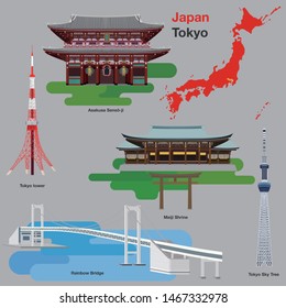 Illustration of landmarks and icons in Japan,  Vector
