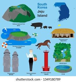 Illustration of landmarks and icons in Jeju Island, South Korea, Vector