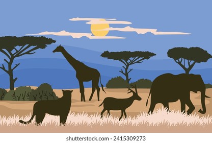 Illustration of landscape with animals in the savannah.Vector illustration