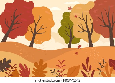 Illustration of landscape with brown trees in autumn.
