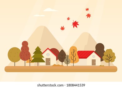 Illustration of landscape with brown trees and houses in autumn.