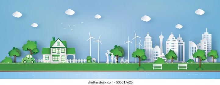 Illustration Of  Landscape  With Building And Nature ,concept Of Eco Friendly And Save The Earth .paper Art And  Digital Craft Style