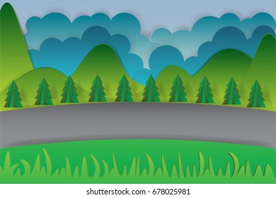 illustration of landscape with building and nature ,road tree .paper art style