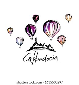 Illustration of the landscape of Cappadocia and balloons.