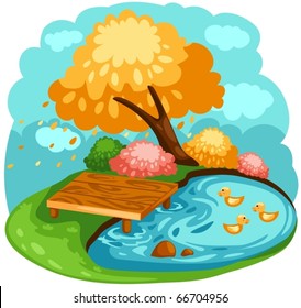 illustration of landscape cartoon ducks in a pond