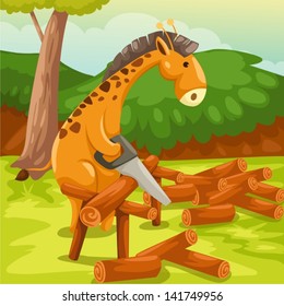 illustration of landscape cartoon giraffe cutting firewood