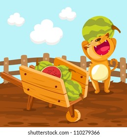 illustration of landscape cat holding watermelon