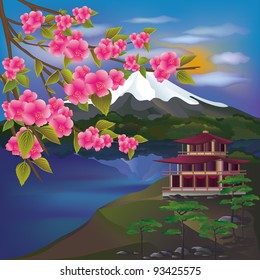 Illustration of a landscape with cherry blossoms and volcano