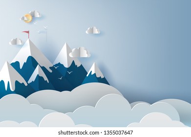 illustration of Landscape and cloud mountains and birds on blue sky.Creative design Paper cut and craft style of business teamwork targeted mountain concept idea.scene your text space pastel.vector