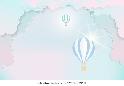 illustration of landscape and concept, Hot air balloon paper art style with pastel sky background. Vector illustration. design by paper art and digital craft style