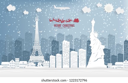 illustration of landscape and concept, winter season with Christmas and Eiffel tower and Statue of Liberty the city.  Vector illustration.  design by paper art and digital craft style.