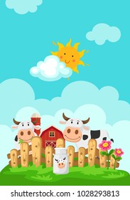 Illustration of landscape with cows and farm background vector