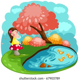 illustration of landscape cute little fairy girl blowing flowers