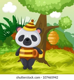 illustration of landscape cute panda waring bee clothes