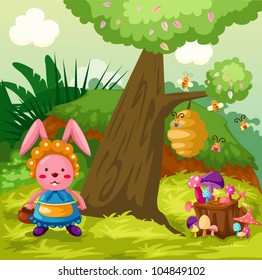 illustration of landscape cute rabbit in the jungle