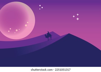 illustration of a landscape in the desert at night, with such a beautiful moon, and a running camel
