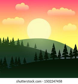 Illustration of the landscape with fir-tree silhouettes. Sunrise landscape.