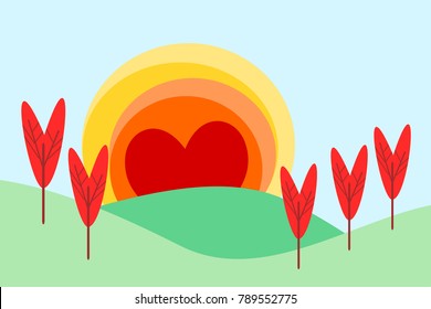 Illustration of a landscape in flat design cartoon vector. Landscape form hearts for Valentine's Day. Love and heart concept. Picture for print, greeting card, poster or graphic design.